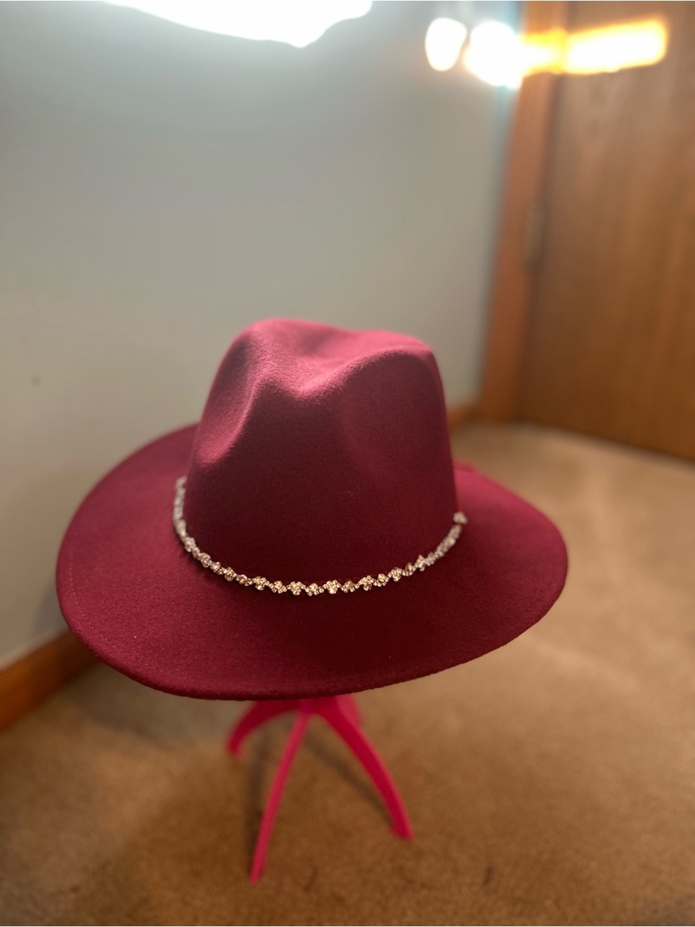 Burgundy Fedora with Crystal Chain